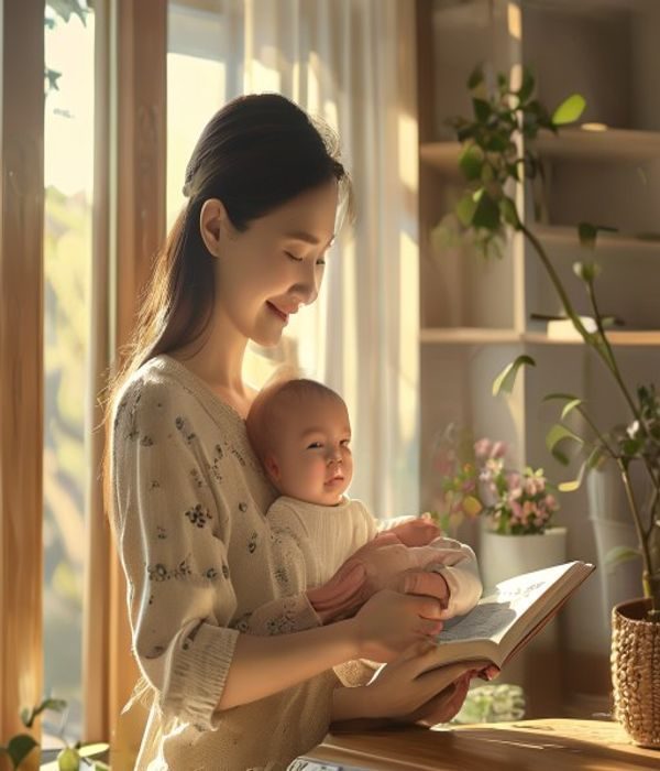 年轻母亲在现代简约家居中抱着婴儿翻阅育儿手册，窗外阳光洒落，画面温暖而充满希望