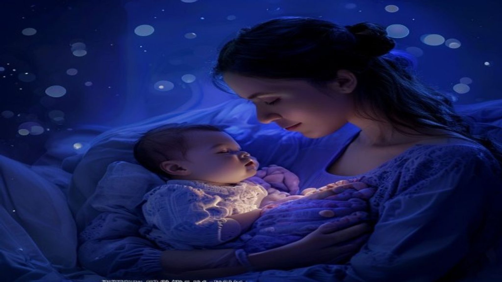 深夜哺乳的年轻母亲在温柔灯光下俯视怀中婴儿，画面蓝紫色调充满宁静与母爱力量